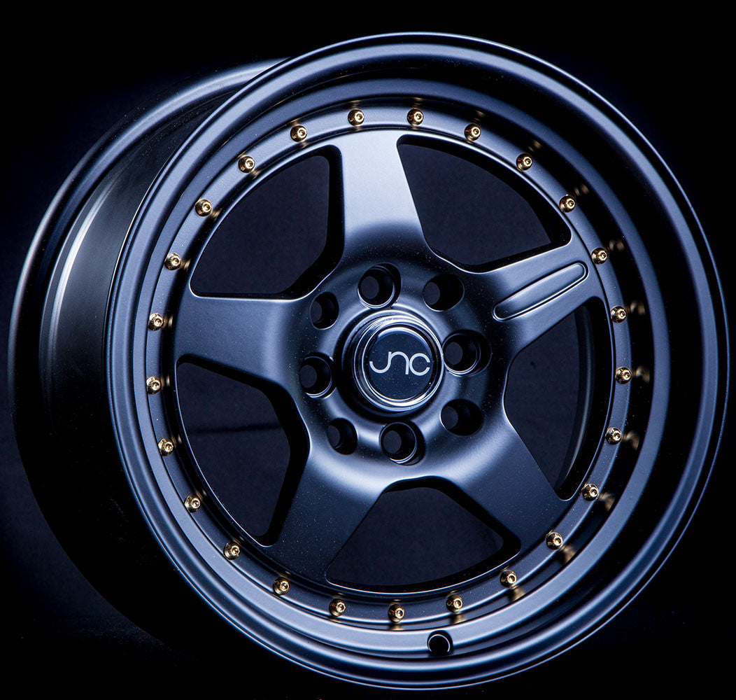 JNC JNC009 MATTE BLACK GOLD RIVETS WHEELS | 15X8 | 4X100/4X114.3 | OFFSET: 25MM | CB: 73.1MM