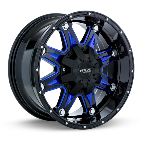 RTX SPINE BLACK WITH MILLED BLUE SPOKES WHEELS | 20X9 | 8X180 | OFFSET: 15MM | CB: 125MM