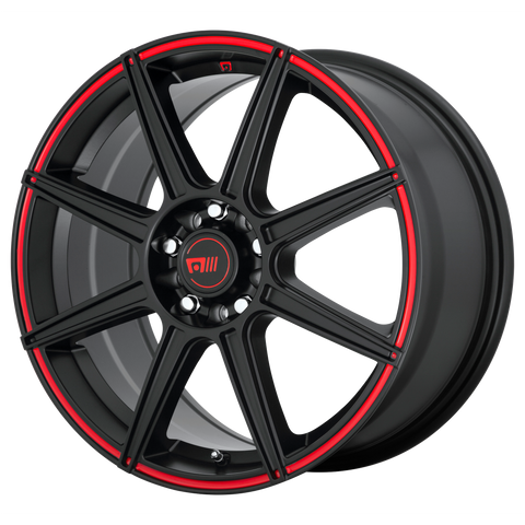 MOTEGI MR142 CS8 SATIN BLACK WITH RED STRIPE WHEELS | 15X6.5 | 5X100/5X114.3 | OFFSET: 40MM | CB: 72.56MM